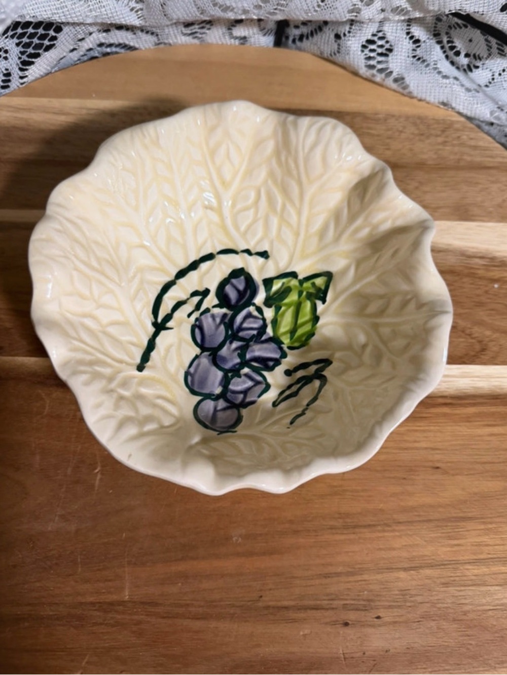 Hand-Painted Cream Ceramic Bowl with Purple Grape Motif